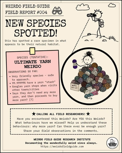 WEIRDO Field Report #004 showing an Ultimate Yarn Weirdo surrounded by a huge yarn stash, with observations about buying and collecting yarn.